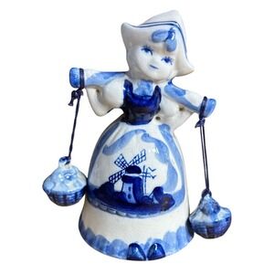 Vintage Hand-Painted Delft Blue & White Dutch Girl Carrying Buckets Figurine